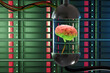 Human brain connecting to a cylindrical container in front of an array of network attached device (NAS) servers. Illustration of the concept of backup of human memory and mind uploading