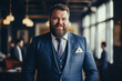 © ADDICTIVE STOCK - Confident bearded plus size man in elegant suit and tie looking at camera while standing on cozy office. Generative AI