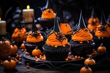 Cupcakes Decorated With Witches Hats And Candy Generative AI
