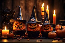 Cupcakes Decorated In Witch Outfits On Wood Table Beside Colorful Halloween Items Generative AI