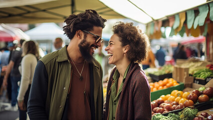 young couple laughing at farmers' marker