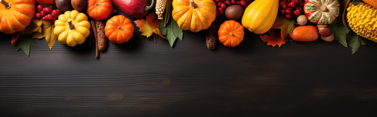 Wall Mural - Autumn background with seasonal fruits and vegetables, top view, flat lay