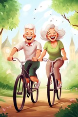 Wall Mural - happy senior couple riding bicycle at park, active old people, generative AI
