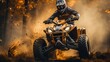 Extreme ATV rider rushing on dirt track through forest. Generative AI