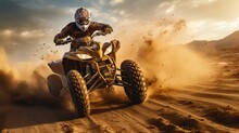 Extreme ATV Rider Rushing On Dirt Track Through Forest. Generative AI