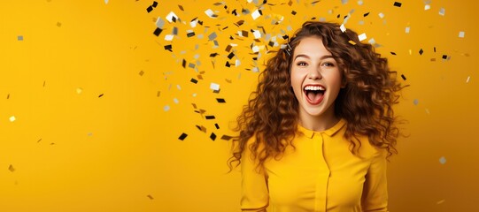 Woman Celebrating New Years Eve on a Yellow Background with Space for Copy