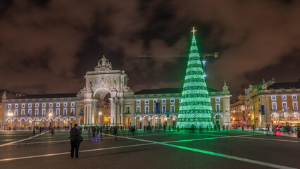 Sticker - Commerce square illuminated and decorated at Christmas time in Lisbon night timelapse hyperlapse