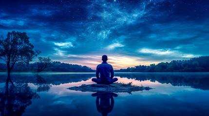 man meditating in the lotus position by the lake in nature at sunset