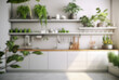 © Natasha  - Blurred background overlooking the white kitchen interior with green plants
