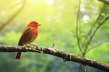 Red Bird On A Branch. Natural Photography Created With Generative Ai Technology