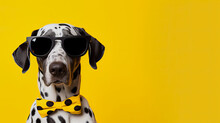 Cool Dalmatian Portrait With Black Sunglasses And A Yellow Dotted Bow Tie On Yellow Background With Copy Space