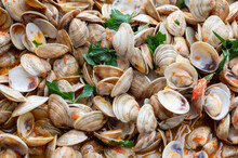 Fresh Cooked Vongole Clams With Tomatoes Sauce For Make Of Italian Seafood Dish Spaghetti Vongole