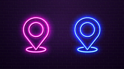 Neon map pin icon icons in blue and grove color on a brick wall. A concept for navigation.