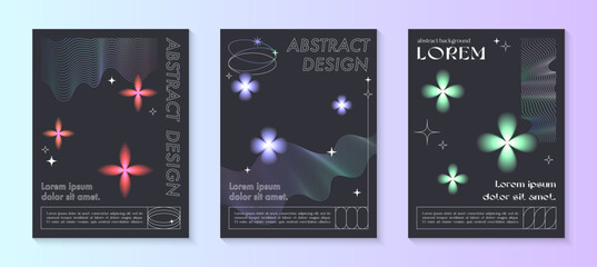 Wall Mural - Vector abstract poster templates with linear shapes,blurred sparkles,copy space for text in 90s style.Futuristic illustrations in y2k aesthetic.Modern designs for prints,banners,social media,covers.