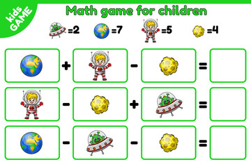  Counting game for kids with space objects. Math exercises for the study of numbers. Worksheet for preschool and school education children. Cartoon astronaut, alien, planet Earth and Moon. Vector.