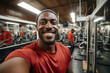 © Valeriia - Portrait selfie of smiling young afro american man, male sportsman in sportswear doing training workout at gym, boxer looks friendly, happy and welcoming. Active life, getting stronger, sport concept