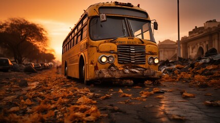 Sticker - a yellow bus parked on a road with fallen leaves