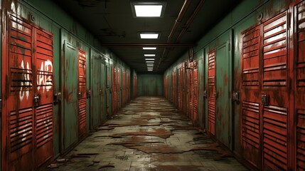 Wall Mural - a hallway with red and green lockers