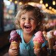 Happy baby girl kid hold ice-cream and laughing