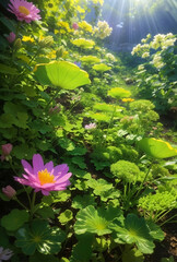 Wall Mural - A blooming flowers field with beautiful nature background.