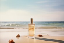 A Bottle Of Perfume Stands On The Sand Against The Backdrop Of The Sea