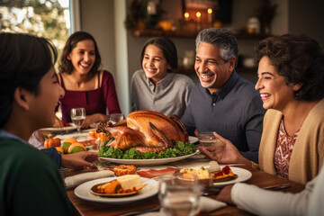 Family sits at a Thanksgiving holiday turkey dinner on a table