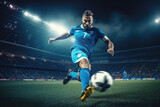 Fototapeta Sport - Football player kicking ball in soccer stadium