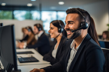 Portrait of call center worker wearing headsets and collaborating to solve customer issues