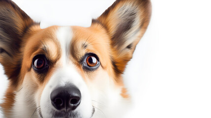 Corgi face macro close-up, isolated on white, copy space