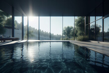 Indoor Pool With Mountain's View From The Window In A Luxury Hotel Building