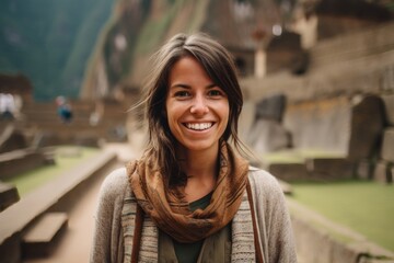 Wall Mural - Close-up portrait photography of a satisfied woman in her 30s that is wearing a chic cardigan at the Machu Picchu in Cusco Peru