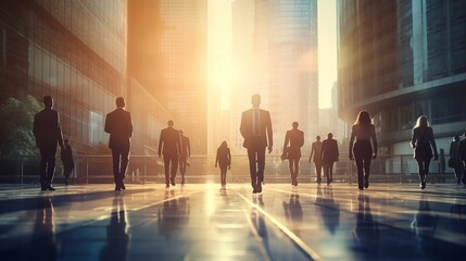 Wall Mural - Ambitious Strides: Silhouetted Business People Walking Towards the Sunrise in Modern Cityscape 