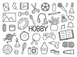 hobbies and free time doodle set. drawing, sewing, knitting, cooking, reading, sports, needlework, m