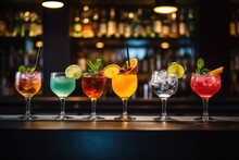 Beautiful Line Of Colorful Alcoholic Cocktails In A Nightclub Bar