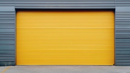 Wall Mural - Opening the yellow iron shutter door of the garage and industrial building warehouse facade with grey concrete road. generative a