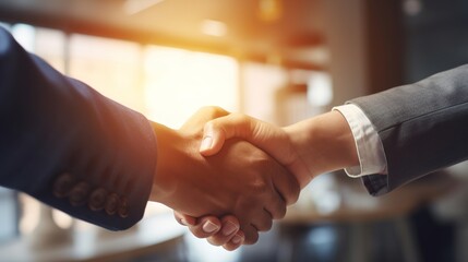 Wall Mural - Business people shaking hands in front of office. generative ai