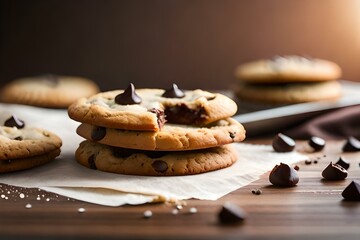 Wall Mural - Crisp golden-brown chocolate chip cookies cooling on a wire rack, surrounded by scattered semisweet chocolate chips and a hint of vanilla extract.