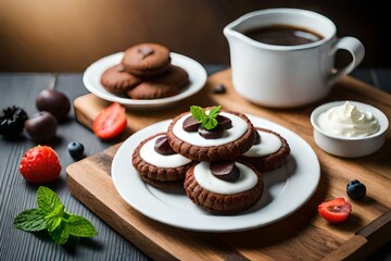 Wall Mural - A top-down view of a plate of chocolate chip cookies, set against a rustic wooden table, with crumbs scattered around.	