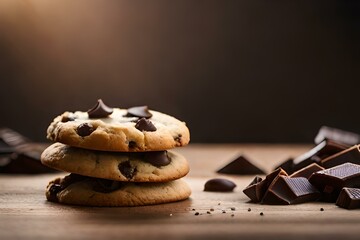 Wall Mural - Create an image of freshly baked chocolate chip cookies cooling on a wire rack, with a soft, golden-brown glow under warm kitchen lighting.	