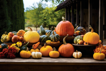 Wall Mural - Pumpkins and gourds arranged in a rustic outdoor setting