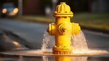 Yellow Fire Hydrant Gushing Water Across A Street With Wet Highway. Generative AI