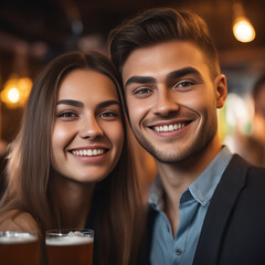 Hombre y mujer jóvenes sonriendo en un bar con dos cervezas 