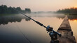 Fishing rod, spinning reel on the background pier river bank. Sunrise. Fog against the backdrop of lake. Generative AI