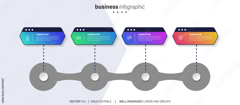 Modern box line infographic template with 4 steps. Business circle ...