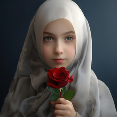 Wall Mural - portrait a muslim child girl in hijab, super close up, hyper realistic and detail, bautiful dreamy light, create using generative AI tools.