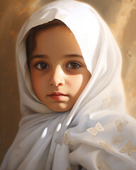 Wall Mural - portrait a muslim child girl in hijab, super close up, hyper realistic and detail, bautiful dreamy light, create using generative AI tools.