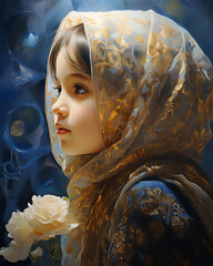 Wall Mural - portrait a muslim child girl in hijab, super close up, hyper realistic and detail, bautiful dreamy light, create using generative AI tools.