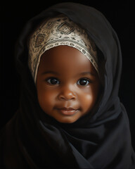 Wall Mural - portrait a muslim child girl in hijab, super close up, hyper realistic and detail, bautiful dreamy light, create using generative AI tools.