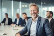 © yj - Happy mature business man team manager CEO executive leading group corporate meeting in board room. business team people company staff working together at office table. generative AI