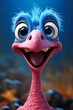closeup cartoon bird big smile movie poster blue cocky expression flamingo rowan rooster